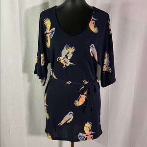 Anthropologie Deletta Navy Bird Print Belted V-Neck Tunic Top